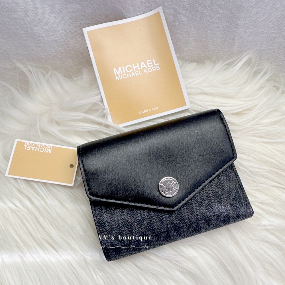 NWT Michael Kors Jet Set Medium Flap Bifold Wallet Monogram Black 35T1STVF6B